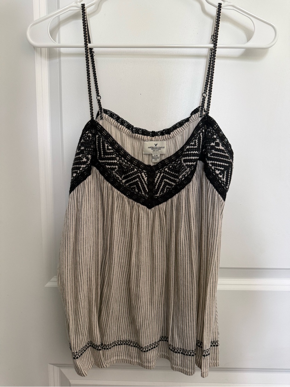 American Eagle Outfitters Beige Pinstripe Cami with Black Crochet Trim